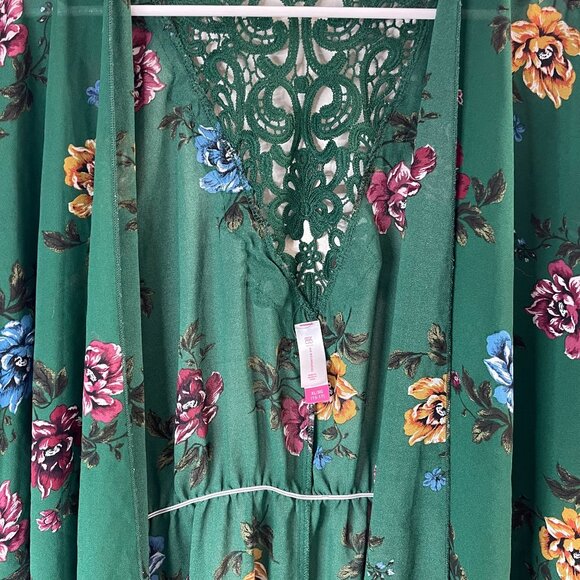 Floral Green Sheer Kimono Cardigan With Lace Back & Tie Waist - Picture 4 of 13